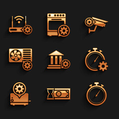 Set Bank building setting, Fast payments, Stopwatch, Time management, Toaster and Air conditioner icon. Vector