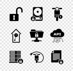 Set Open padlock, Hard disk drive and, Electric scooter, Server security with, and Document icon. Vector