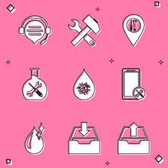 Set Headphones with speech bubble chat, Crossed hammer and wrench, Location service, Bioengineering, Dirty water drop, Mobile, Clean and Download inbox icon. Vector