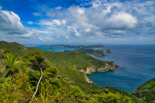 Coastal scenery with islands along the Cape Brett Track, a hiking track on Cape Brett Peninsula, Bay of Islands, North Island, New Zealand.
