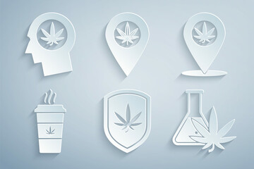 Set Shield and marijuana, Location, Cup coffee with, Test tube, and Head in profile icon. Vector