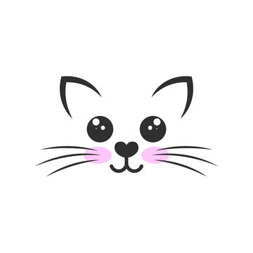 Cute vector illustration of a cat head, drawing of a cat muzzle, ears and whiskers