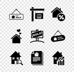 Set Hanging sign with For Sale, Open house, House percant, Search, contract, Rising cost of housing, heart shape and Sold icon. Vector