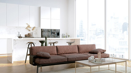 Modern stylish kitchen interior, room with wooden floor, table and sofa. 3D rendering