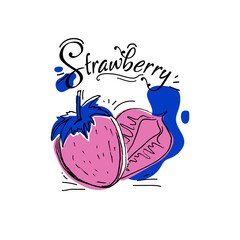 Hand drawn Watercolor strawberries blue, pink  banner ,,background, and packaging