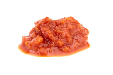 Chopped tomatoes in tomato juice isolated on white