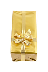 Gift box with golden bow isolated on white