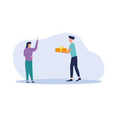 Young man giving birthday present or valentine's day gift with yellow ribbon bow.