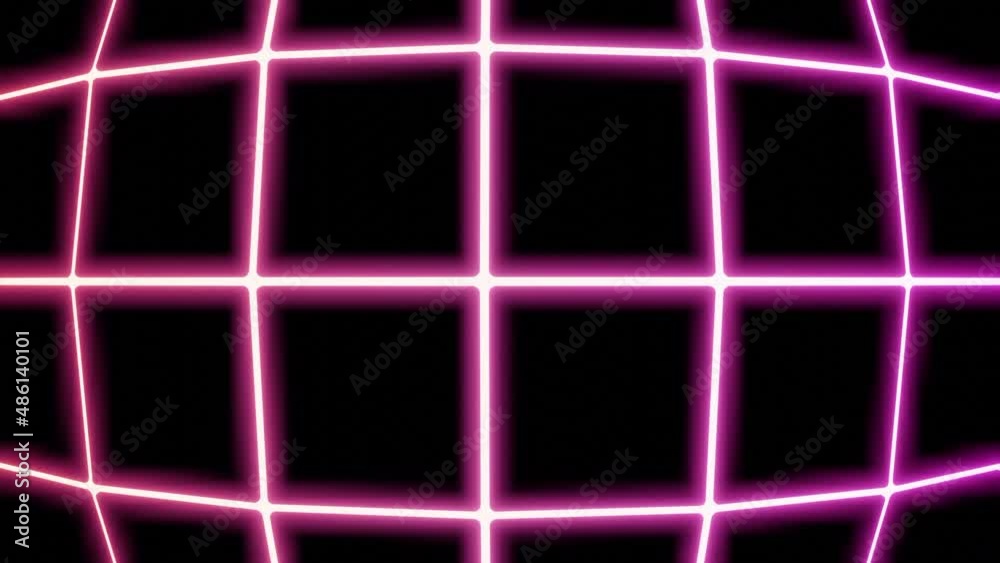 Poster abstract convex grid moving from right to left. design. gradient pink and red squares on a black bac