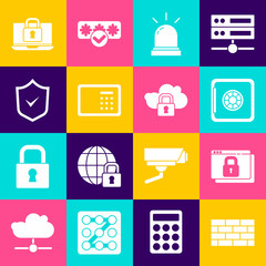 Set Firewall, security wall, Secure your site with HTTPS, SSL, Safe, Motion sensor, Shield check mark, Laptop and lock and Cloud computing icon. Vector