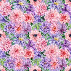 Fototapeta na wymiar Delicate flowers. Roses, anemones, dahlias and clematis, watercolor floral seamless pattern