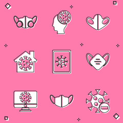 Set Medical protective mask, Human and virus, Stay home, Virus statistics on monitor, and icon. Vector