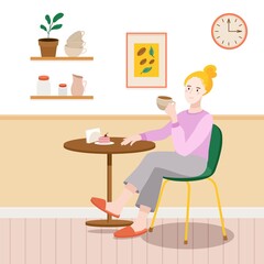 The girl sits at a table in a cafe and drinks tea or coffee with dessert. Flat vector illustration of woman having breakfast or coffee break.
