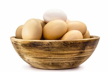 Brazilian free-range chicken eggs in rustic wooden bowl with white background and copyspace