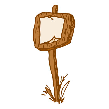 Wooden park sign in the grass. Isolated doodle-style sign with an announcement on a stand post in the grass, brown outline on white vintage design