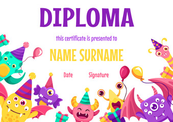Obraz na płótnie Canvas Colorful school and preschool diploma certificate for kids and children in kindergarten or primary grades with cute and kind monsters. Vector cartoon flat illustration