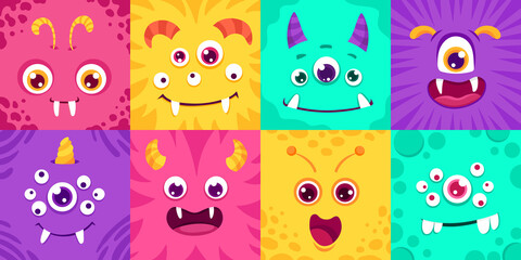 Cartoon Square monster faces big set. Funny cute and colorful creatures for avatars and icons for halloween design. Children vector illustration