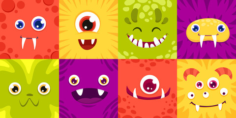 Cartoon Square monster faces big set. Funny cute and colorful creatures for avatars and icons for halloween design. Children vector illustration