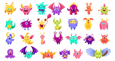 Cute Little Monsters set with different eyes, wings, horns. Cheerful happy face emotions. Children  hand drawn vector illustration for baby shower party, room design and card templates.