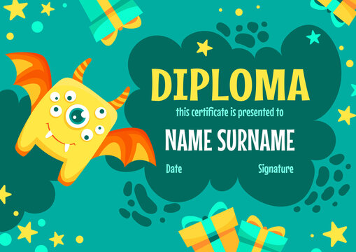 School diploma, certificate template with cute and funny monster characters. Cartoon vector illustration with smiling creatures