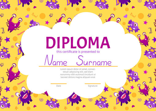 School diploma, certificate template with cute and funny monster characters. Cartoon vector illustration with smiling creatures