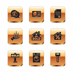 Set Real estate message house, Hanging sign with text Sold, Washer, Skyscraper, House contract, key and Online real icon. Vector
