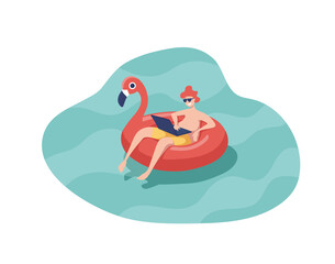 Man with laptop swiming on inflatable ring in the shape of a pink flamingo floating in the pool. - obrazy, fototapety, plakaty