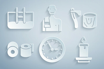 Set Sauna clock, Wooden axe in stump, Toilet paper roll, Aroma candle, Man the sauna and Swimming pool with ladder icon. Vector