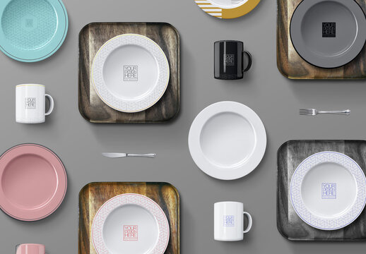 Dishware and Wooden Tray Mockup Set
