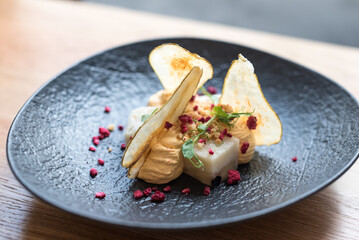 Modern Fruit Dessert with Pear Chips, Contemporary Cuisine