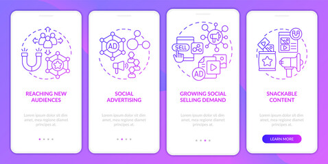 Fototapeta premium SMM marketing trends purple gradient onboarding mobile app screen. Ads walkthrough 4 steps graphic instructions pages with linear concepts. UI, UX, GUI template. Myriad Pro-Bold, Regular fonts used