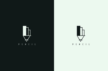 Creative Minimal Pencil logo. Line art minimal pencil vector
