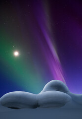 Naklejka premium Aurora Borealis, Northern Lights, and full Moon in the sky. Winter landscape with snow covered rocks.
