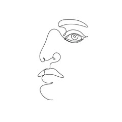 One line hand drawn woman face. Vector minimalist illustration isolated on white background. 
