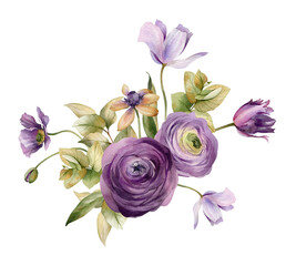 Watercolor flowers garden bouquet. Hand painted botanical illustration with purple flowers isolated on white background. Floral composition for you design