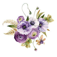 Watercolor flowers garden bouquet. Hand painted botanical illustration with purple flowers isolated on white background. Floral composition for you design
