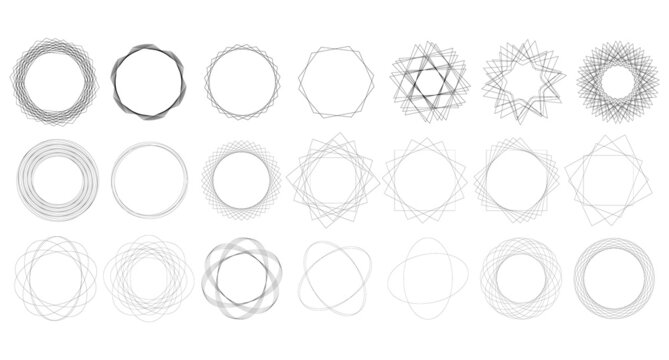 Big spirograph set. Set of abstract figures for text, web, logo, business, typography. Modern circular pattern with abstract figures. Collection of abstract circular, rectangular figures isolated.