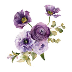 Obraz na płótnie Canvas Watercolor flowers garden bouquet. Hand painted botanical illustration with purple flowers and foliage isolated on white background. Floral composition for you design