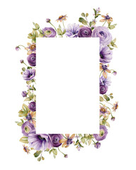 Watercolor frame with purple poppy flowers, ranunculus, anemones and foliage. Illustration for design, print, background, wedding invitation