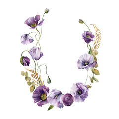 Watercolor floral wreath. Spring wreath with purple ranunculus, anemones and fresh foliage. Greeting or wedding template for you design
