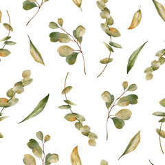 Seamless pattern with watercolor leaves and green branches. Repeating background with foliage isolated on a white background. Great for fabric, textile, wrapping paper, packaging and other design