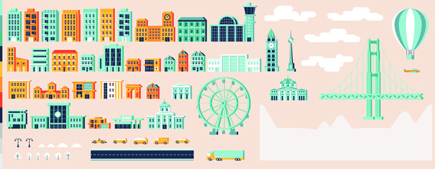 City buildings variation vector illustration. Houses, blocks, gas station, city hall, cars in the city, and trees.