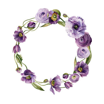 Watercolor floral wreath. Garden wreath with purple flowers, poppies, ranunculus, anemones and foliage. Greeting for wedding template for you design