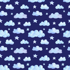 Seamless pattern with blue clouds. Hand drawn watercolor background. Perfect for baby wallpapers, textiles, wrapping paper.