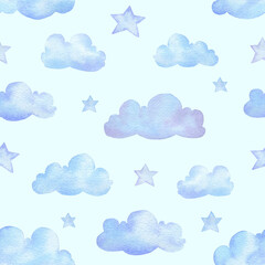 Seamless pattern with blue clouds. Hand drawn watercolor background. Perfect for baby wallpapers, textiles, wrapping paper.