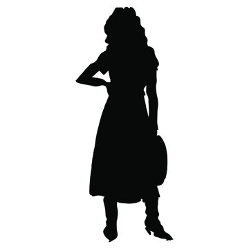recommend clip art: Standing young woman in summer dress holding a hat. Black silhouette on white background.