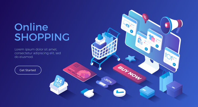 Online shopping, internet retail. Buying payment online. Application service website banking. Online store cart, credit card, megaphone, discount, sale. Isometric landing page. Vector web banner.