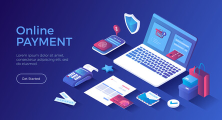 Online Payment. Paying bill, invoice, shopping online, e-commerce market. Сredit card transaction, money transfer with laptop. Isometric landing page. Vector web banner. - obrazy, fototapety, plakaty