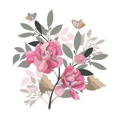 Vector floral illustration. Bouquet of pink flowers, twigs with grey, brown and pink leaves and butterflies.