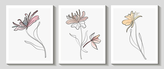 Abstract art design, set of modern creative minimalist  illustrations with flowers. Vector.